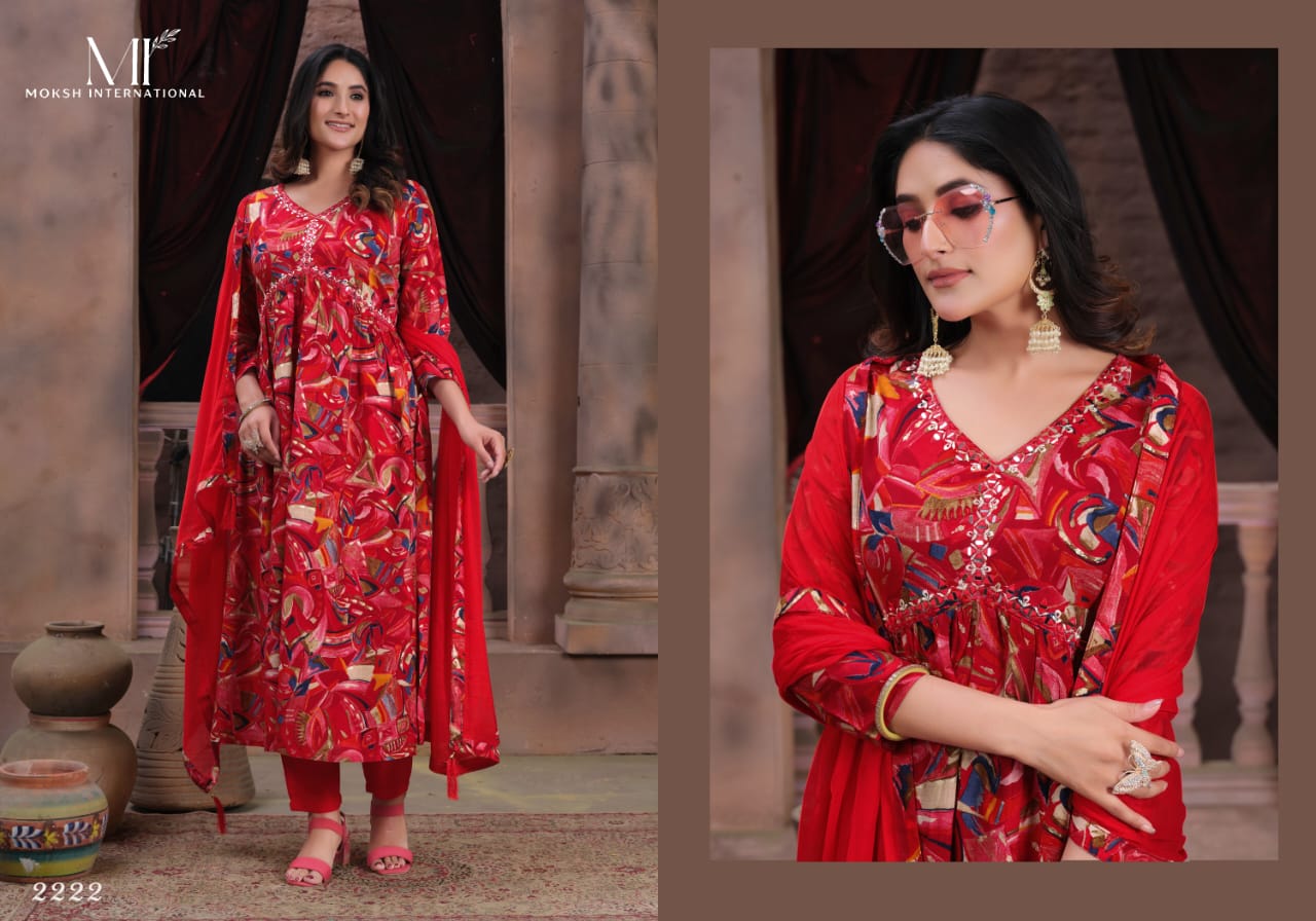 Alia Vol 1 By Moksh Printed Rayon Alia Cut Kurti With Bottom Dupatta
